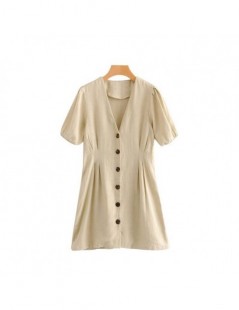 Dresses women vintage V neck pleated linen dress short sleeve button retro female casual summer chic mini dresses vestidos QA...