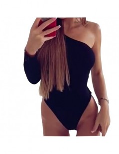 Bodysuits One Shoulder Bodysuit Slope Neckline Women Sexy Body Bodycon Rompers Clubwear Black Tops Solid Long Sleeve Overall ...