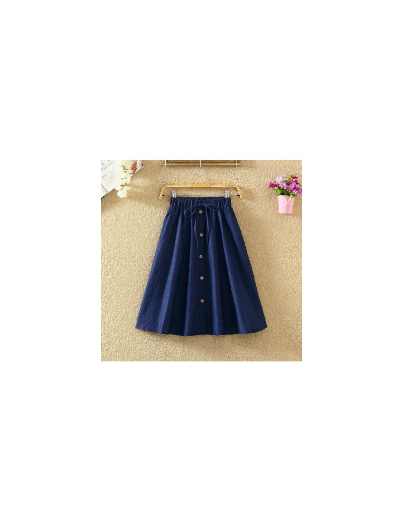 High Waist Skirt Casual Striped Bow Denim Women Solid Color Long Skirt Female Elegant Big Hem Casual Button Jean Skirt - Dar...