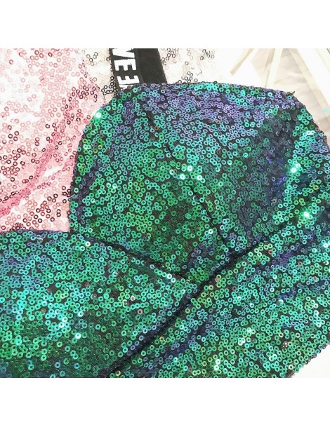 Tank Tops Green Blue Iridescent Sequin Crop Top Rave Wear Graphic Print Sweetheart Neck Padded Cami Vest Top Shiny Holographi...