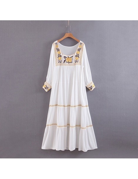 Dresses 2019 Bohemian New Embroidery Flower Dress Holiday Square Collar Long sleeve Stitching Loose Mid-Calf Long Dresses Ves...