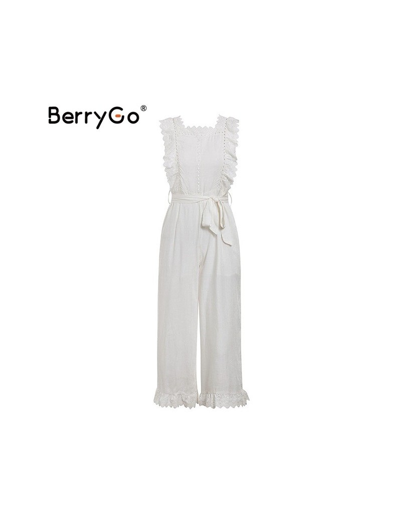 linen rompers ruffled jumpsuit embroidery women jumpsuit Elegant hollow out sashes long jumpsuit romper ladies overalls - Wh...