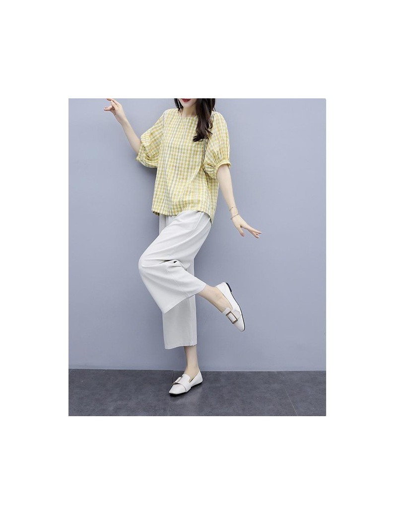 Women's Sets M-4xl Cotton Linen Two Piece Sets Outfits Women Plus Size Plaid Blouses And Pants Suits Korean Elegant Casual 2 ...