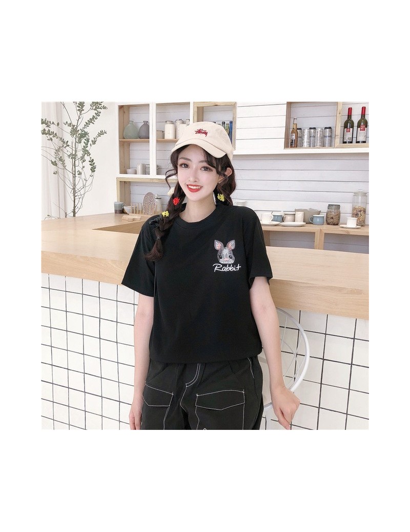Harajuku Embroidery Rabbit T Shirt Women Summer New S-2XL Top Tees Kpop Hipster Kawaii Tshirt Female Dropship T-shirt - Blac...