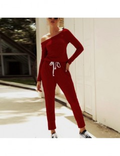 Jumpsuits tracksuit 2pcs set for women Slim Sexy Jumpsuit Off-Shoulder Long Sleeve Drawstring Casual Romper sweatsuit - Wine ...