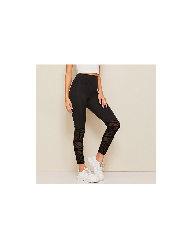 Flocked Mesh Hem Skinny Leggings 2019 Black Stretchy Womens Clothing Workout Leggings Contrast Mesh Sheer Casual Leggings - ...