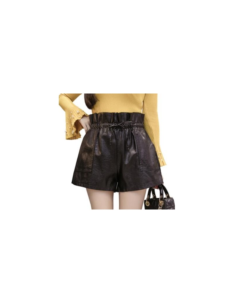 Black PU Leather Shorts Korean Style Trousers Spring Autumn Women High Waist Leather Shorts Pockets S-XXL - Black - 5R111184...