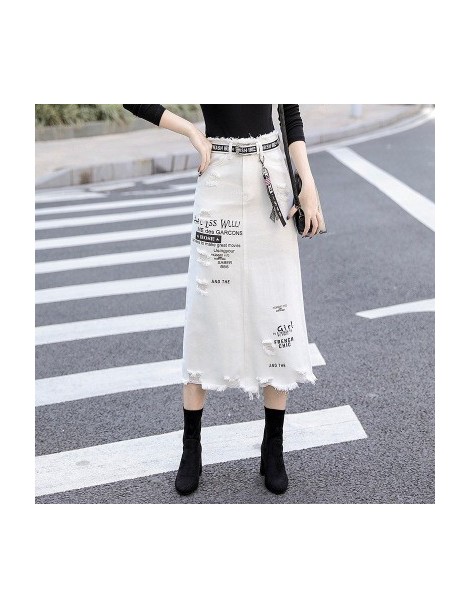 Skirts 2019 Shredded White Denim Jeans Print Streetwear Letter Sommerkleid Female Plus Size Raw Edge Bag Hip Long Step Skirt ...