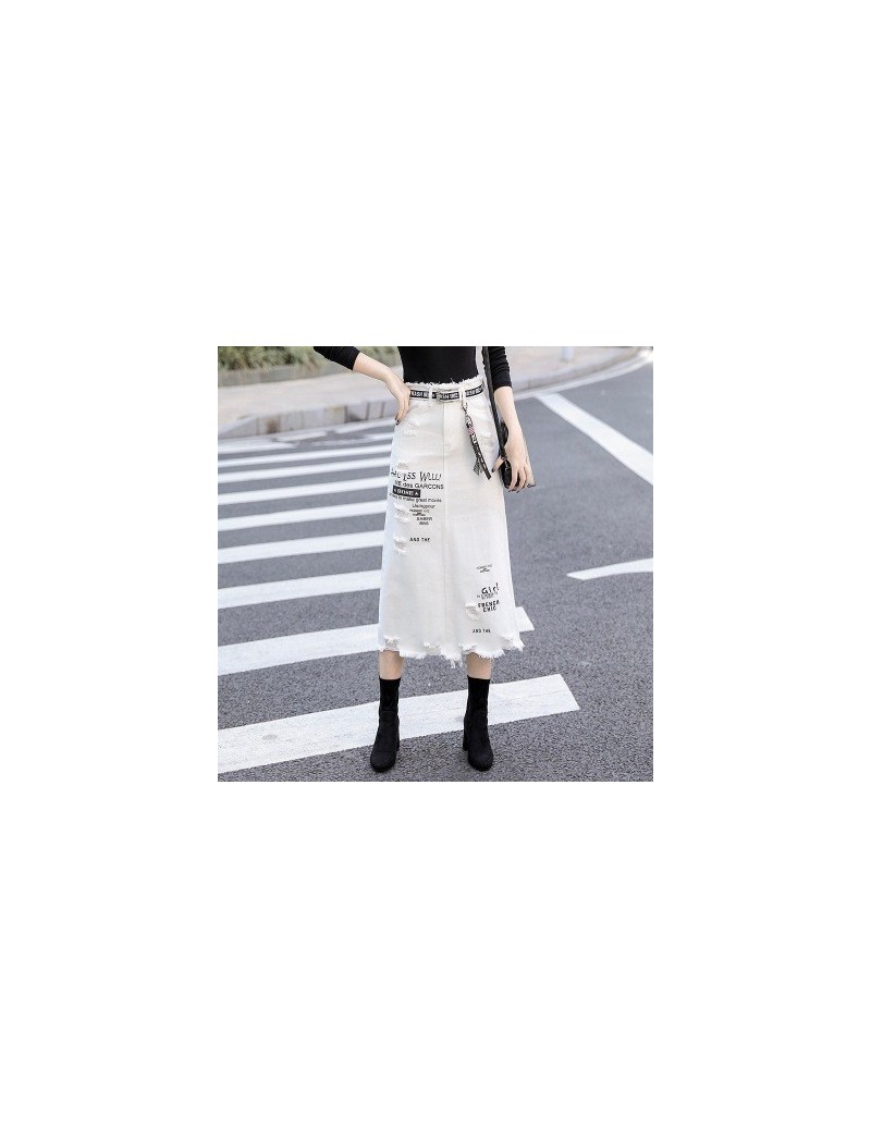 2019 Shredded White Denim Jeans Print Streetwear Letter Sommerkleid Female Plus Size Raw Edge Bag Hip Long Step Skirt - Whit...