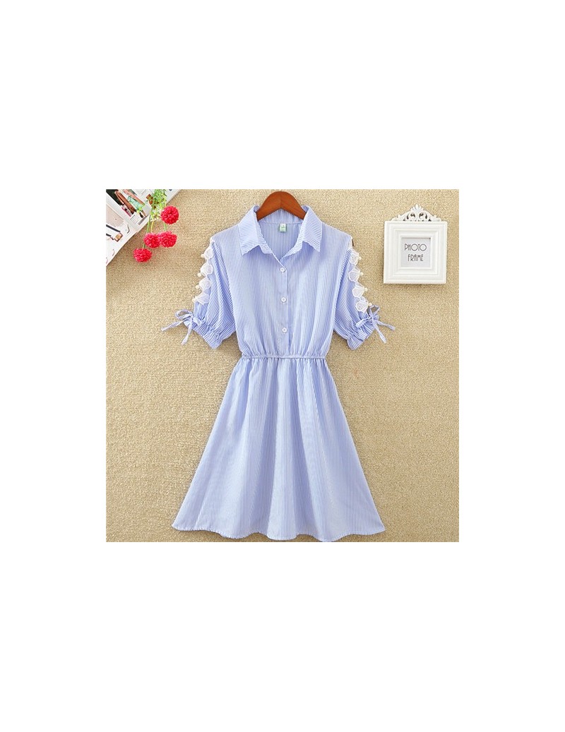 2018 Summer Women Dress Office Dress Shirt Show body Fashion Blue Stripped Tunic Turn Down Collar Mini Dress Short Sleeve E1...