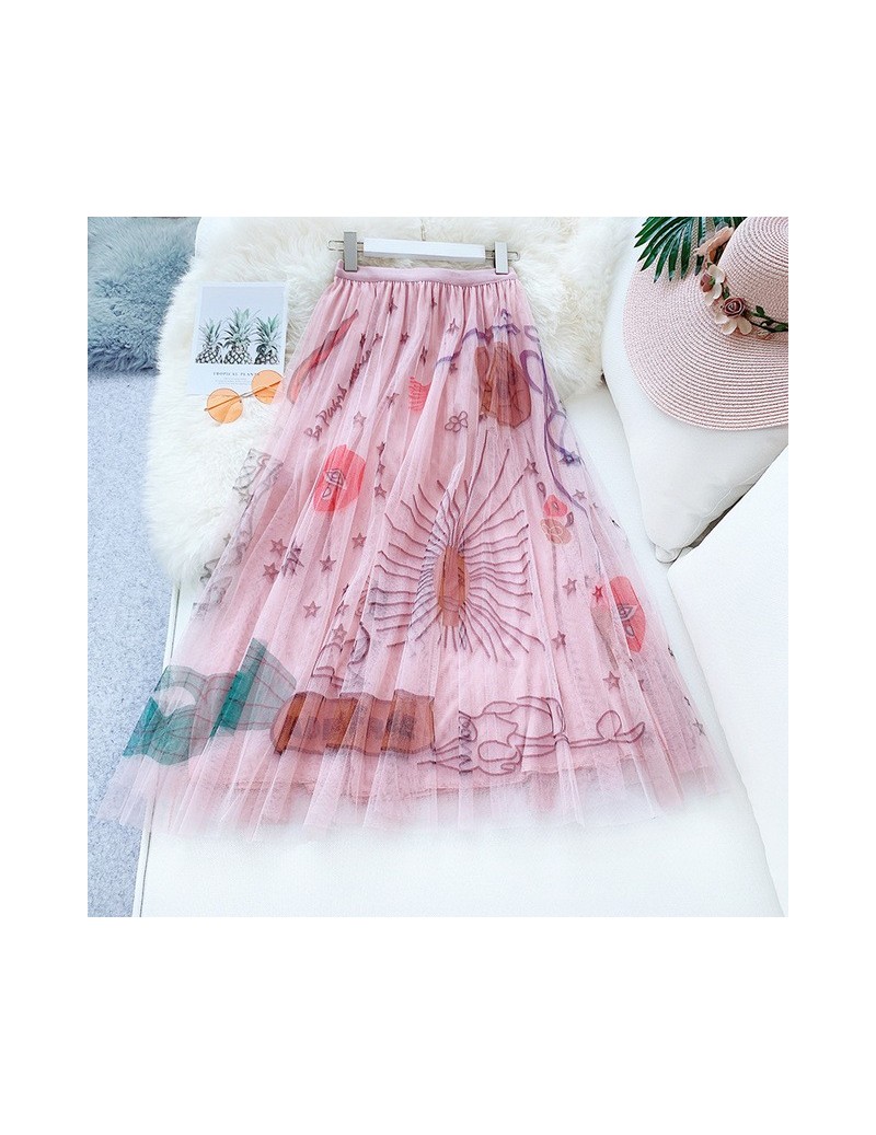Skirts Women's Sweet 3 Layer Mesh Midi Long Skirt Ladies Korean High Waist Graffiti Print Pleated Tulle Skirts 2019 Autumn Fa...