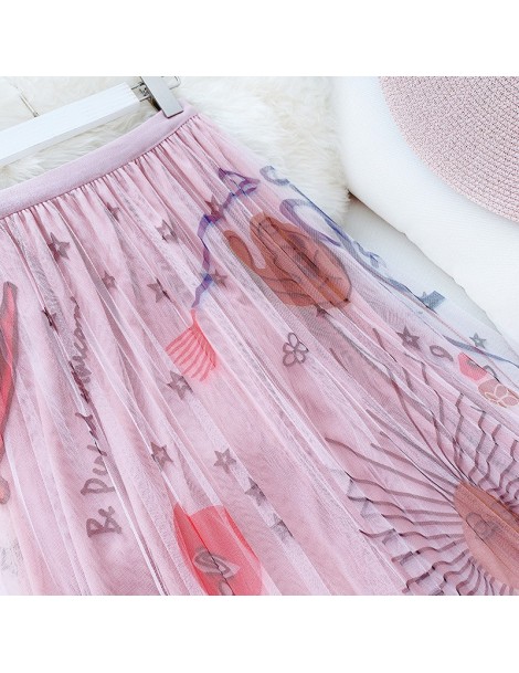Skirts Women's Sweet 3 Layer Mesh Midi Long Skirt Ladies Korean High Waist Graffiti Print Pleated Tulle Skirts 2019 Autumn Fa...