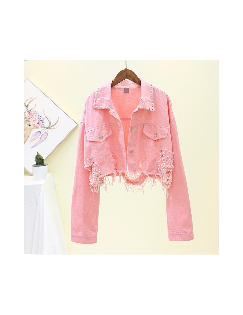 Autumn Streetwear Pink White Women's Jeans Jacket Coat Beading Hole Short Female Denim Jackets Long Sleeve Loose Cowboy Outw...