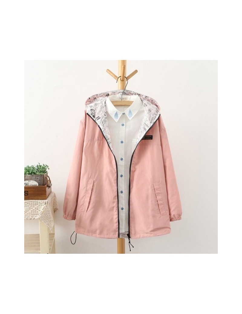 Autumn women Bomber Basic Jacket Pocket Zipper hooded two side wear Cartoon print outwear loose plus size - Pink - 4Y3882426...