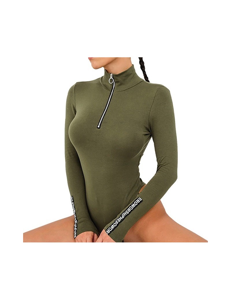 Sexy Bodysuit Women's Slim Zipper High Collar Long Sleeve Bottoming Body Slim Jumpsuit Romper Women Top - Army Green - 4A308...