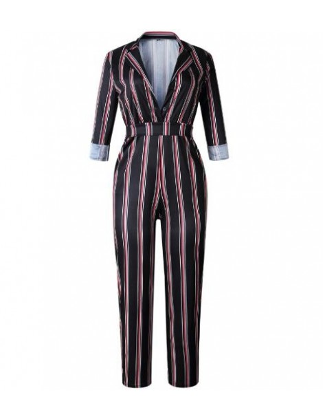 Jumpsuits Sexy Buttons V-Neck Autumn Women Jumpsuits Femme Office Casual Striped Long Sleeve Sashes Jumpsuit Romper Fashion W...