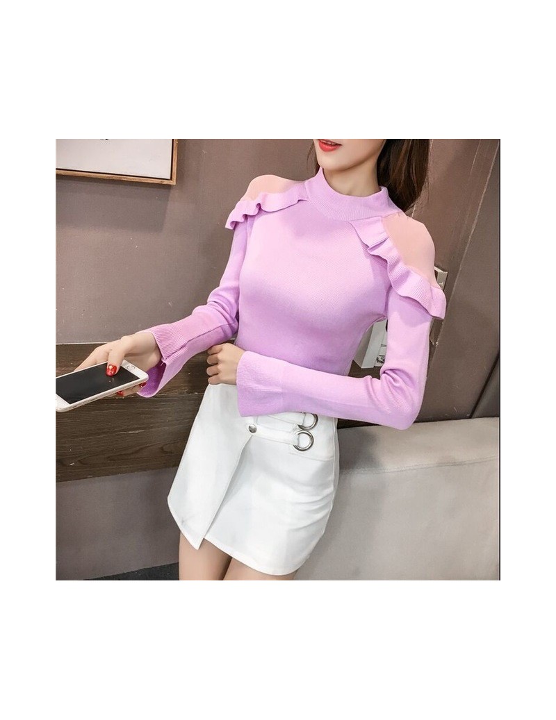 Autumn Winter Women Fashion Knitting Patchwork Ruffled Mesh Shoulder Sweaters Pullovers Tops Girls Knitted Knitwear Sweater ...