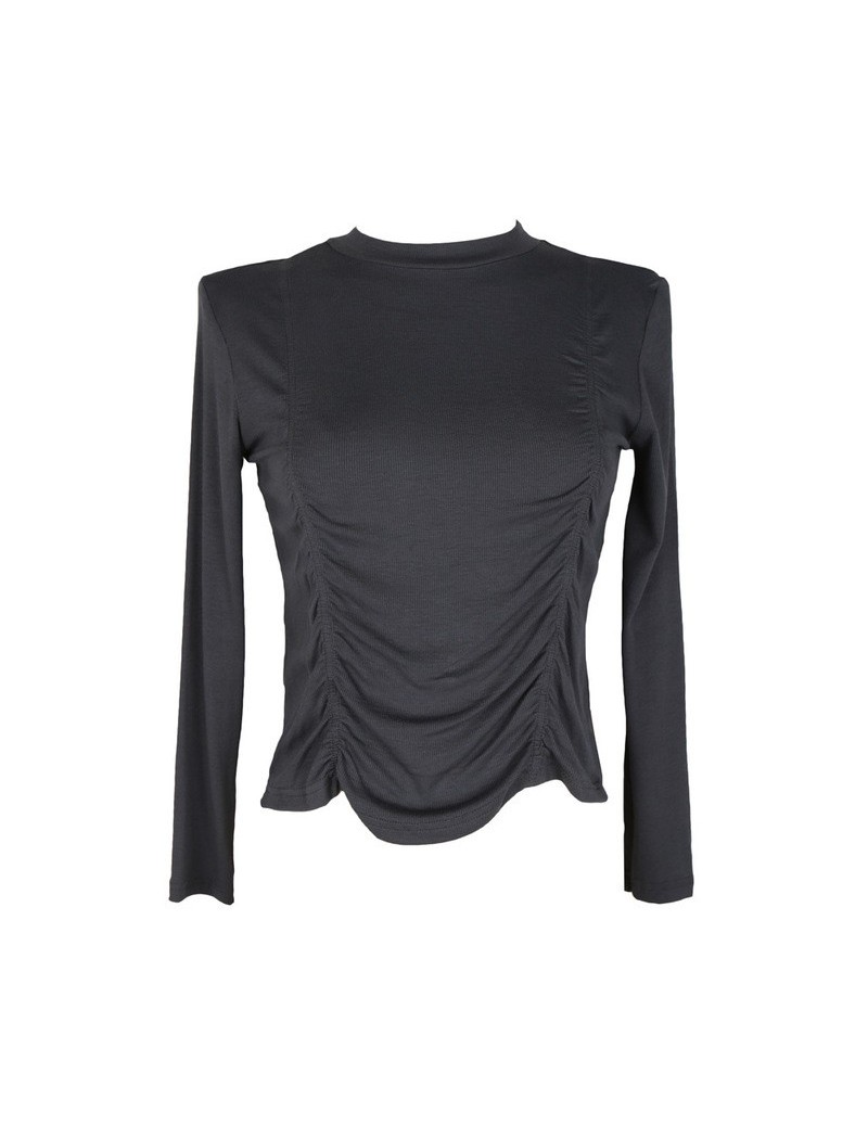 Women Black Brief Leisure Pleated Loose T-shirt New Round Neck Long Sleeve Fashion Tide Spring Autumn 2019 1A634 - Dark grey...