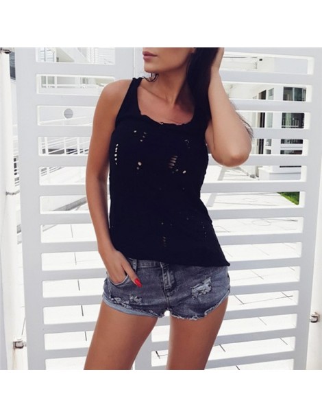 Tank Tops Women Summer Solid Hole Sleeveless Solid Tank Tops O-Neck Fashion Casual Slim Party Beach Fashion Sexy T-Shirts Blu...