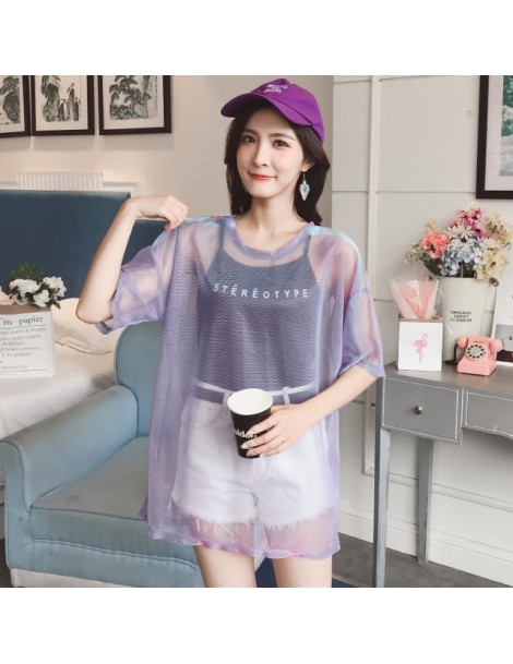 Fashion Hollow Out T Shirt Women Sexy Transparent Summer Tops Ladies Short Sleeve Loose Two set T-Shirts Women Tee Shirt - l...