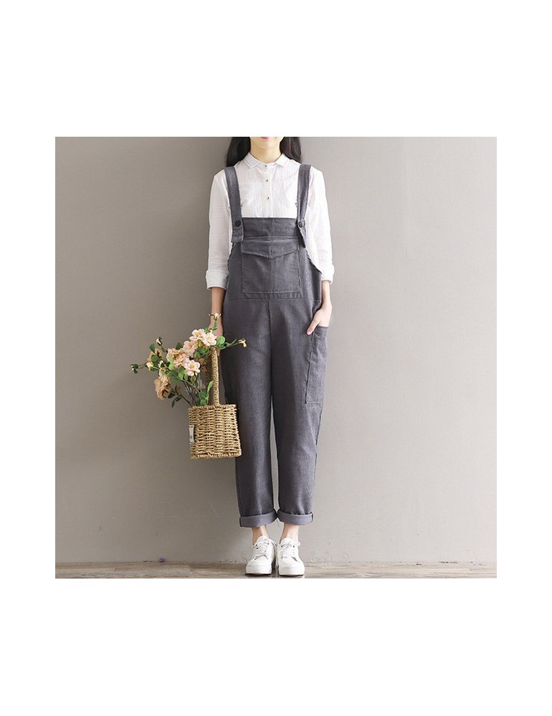 Corduroy Pants Solid Women Vintage Buttons Pockets Overalls Mori Girl Casual Loose Autumn Artsy Trousers - 01 Gray - 4Y30180...
