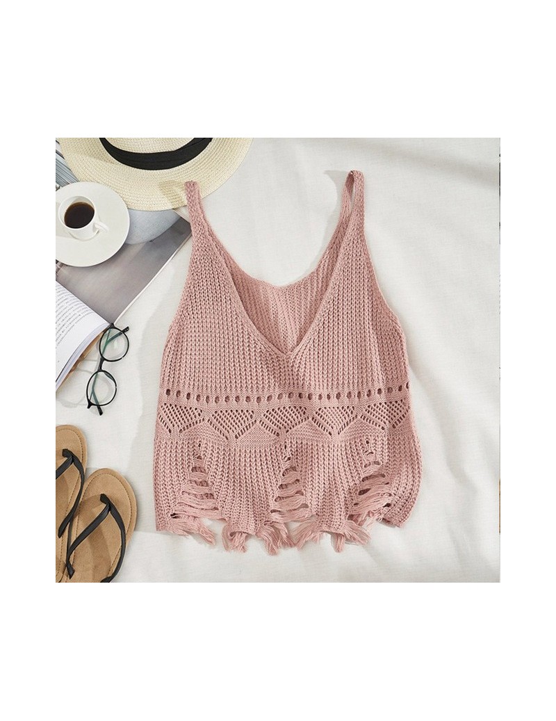 Women V-neck Hollow Out Knitted Tank Tops Solid Tassel Backless Hole Crop Tops Woman's Vest 2019 Summer Fashion Clothes Fema...