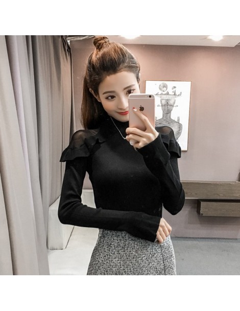 Pullovers Autumn Winter Women Fashion Knitting Patchwork Ruffled Mesh Shoulder Sweaters Pullovers Tops Girls Knitted Knitwear...