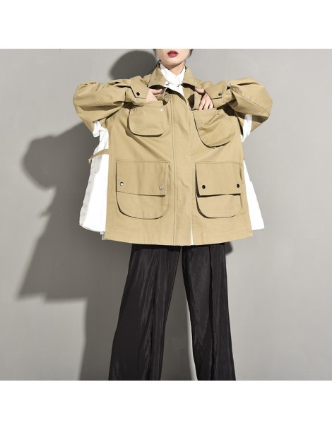 Jackets 2019 New Autumn Winter Stand Collar Long Sleeve Khaki Hit Color Split Big Pocket Oversize Jacket Women Coat Fashion J...