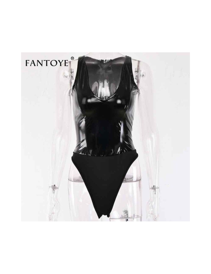 Bodysuits Sexy Deep V Neck PU Leather Bodysuit Women Sleeveless Patchwork Bodycon Rompers Jumpsuit Hot Night Club Party Bodys...