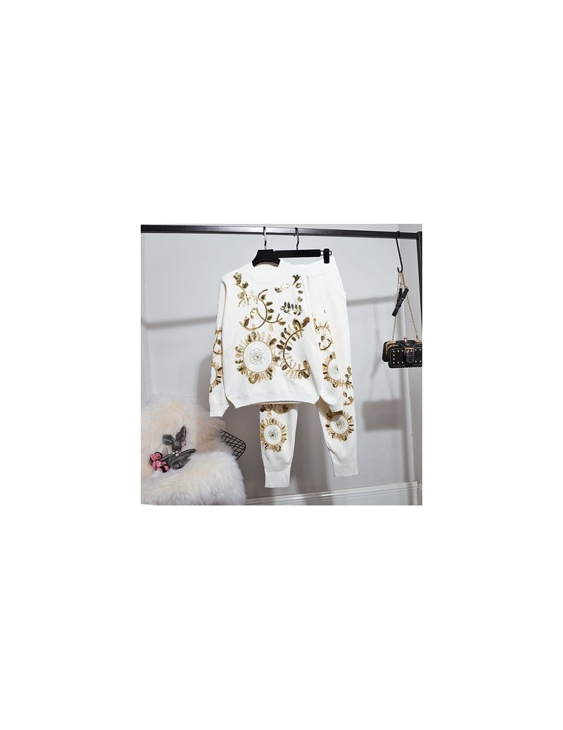 Women's Sets Autumn Women Set Embroidery Sweater Knitted Pencil Pants Two Piece Outfits Female Casual White Pullover Tops Kni...