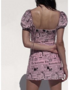 Dresses 2019 New Retro Pink Print Letter Paper Mini Dress French Women Tide Bow Lacing Up V neck Short Sleeve Slim fit Short ...