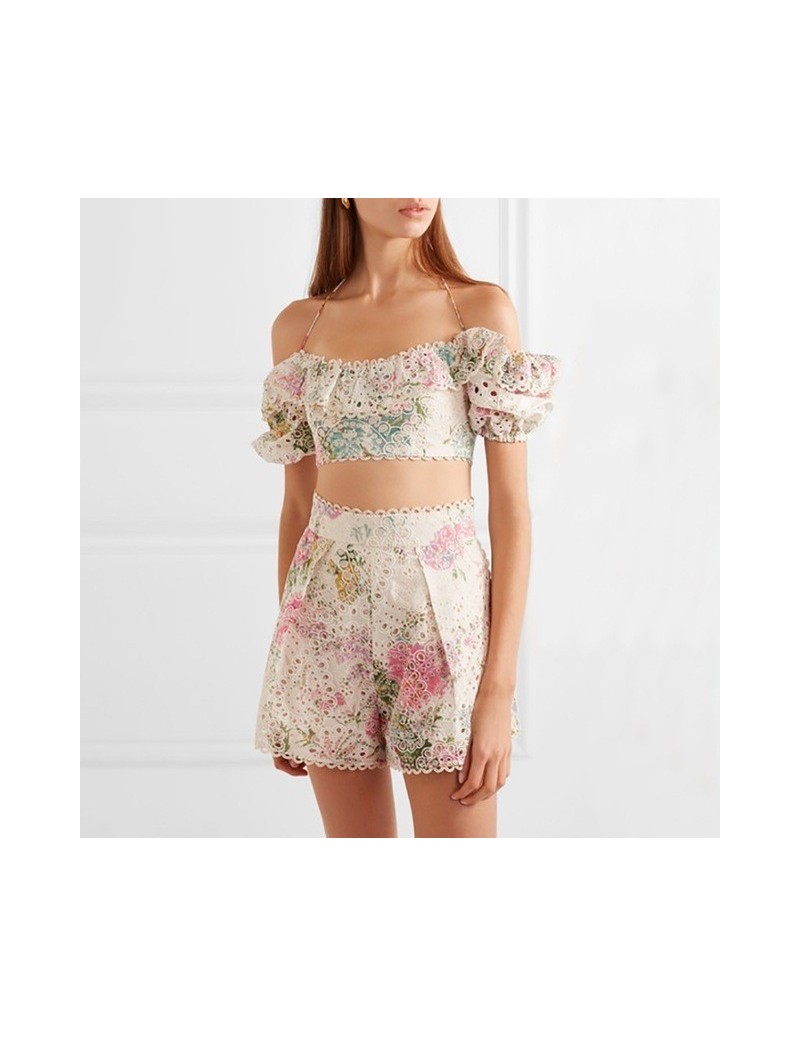 Vintage Print Embroidery Women Suit Halter Puff Sleeve Crop Top High Waist Loose Shorts Female Two Piece Set 2019 - print - ...