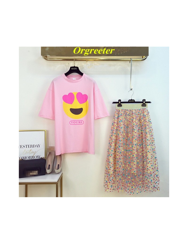 Women's Sets 2019 New Summer Sweet Women's Sets lovely Expression Print Loose T-shirts + Candy Dot Gauze Skirts Two Piece Stu...