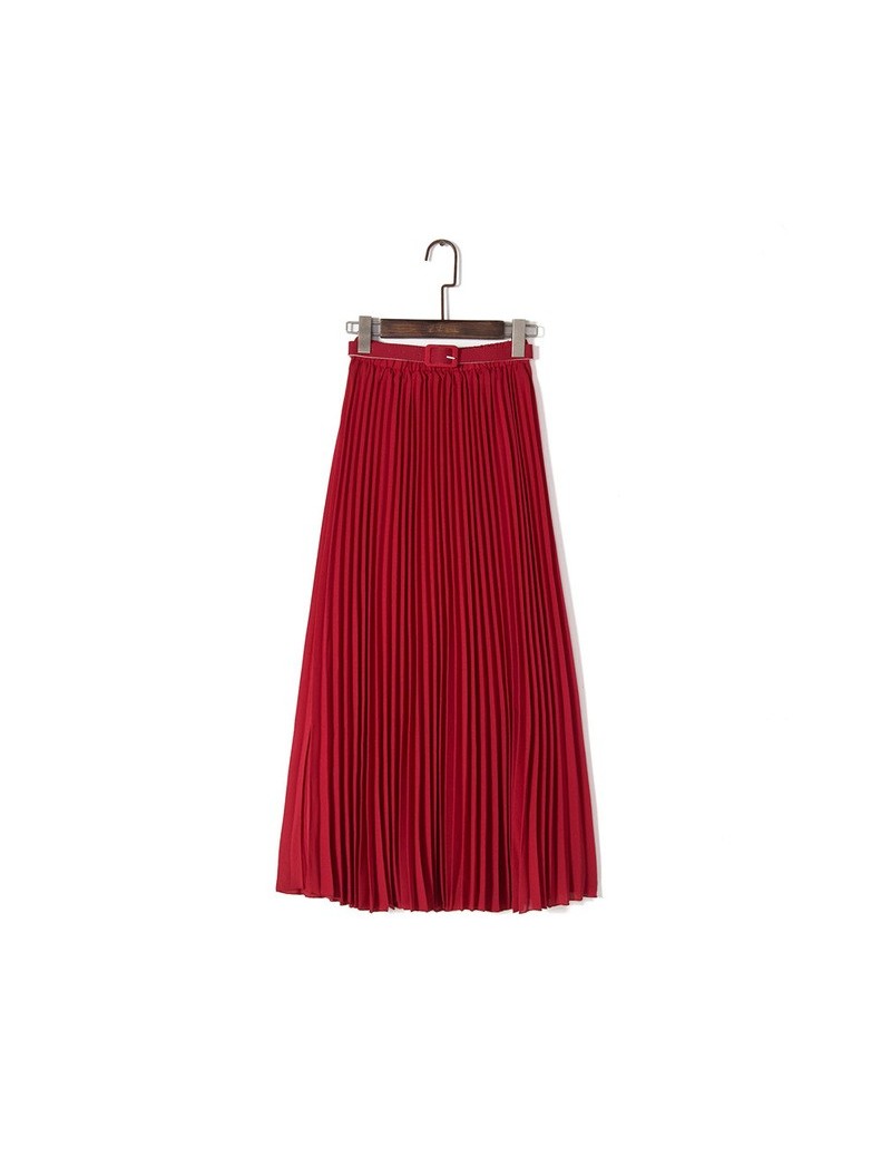 Women Chiffon Pleated Skirts Summer Autumn New Elastic Waist Long Maxi Tulle Beach Skirt With Belt Blue Khaki Pink Black - w...