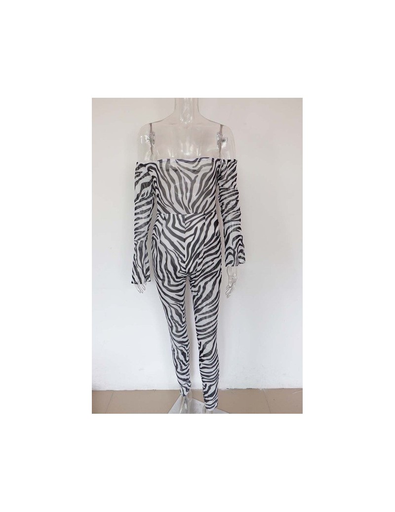 Sexy Off The Shoulder Money Moving One Piece Jumpsuit Wholesale Womens Long Sleeve Night Out Mesh Rompers Overalls - Zebra P...