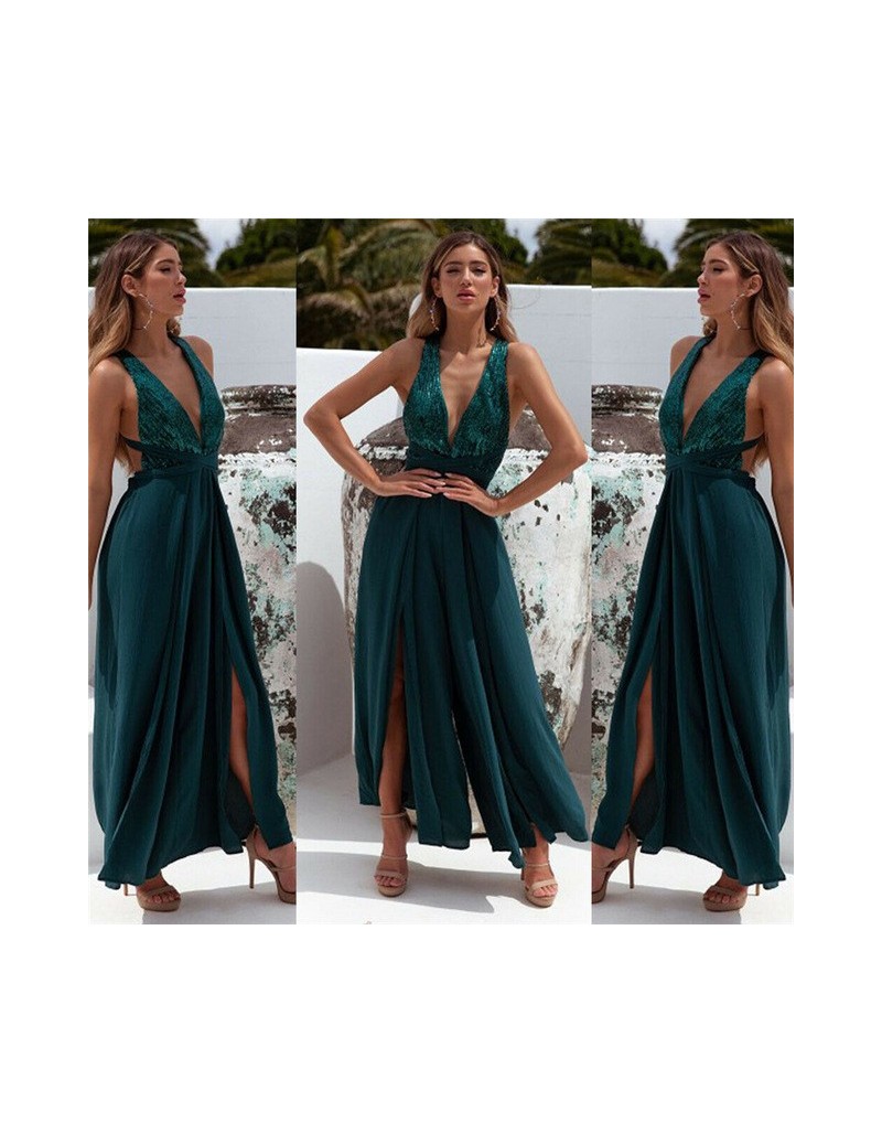 Newest Women Deep V Neck Jumpsuit Ladies V-neck Sleeveless Playsuit Casual Party Loose Wide Leg Romper - Green - 4L4127135964-2