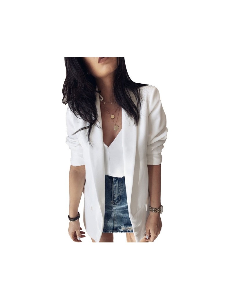 New Office Lady Open Front Solid Color Long Sleeve Lapel Blazer Suit Jacket Coat - White - 4J4169138131-3