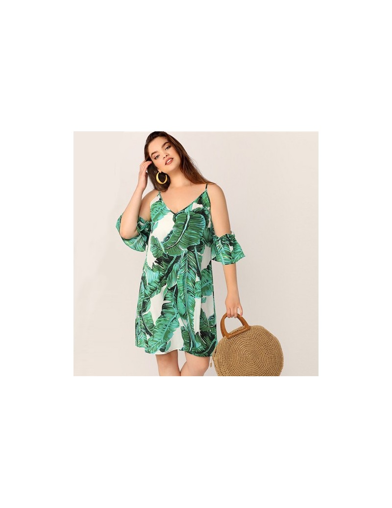 Plus Size Green Tropical Print Cold Shoulder Tunic Summer Dress Women Boho Beach Vacation V Neck Straight Loose Midi Dress -...