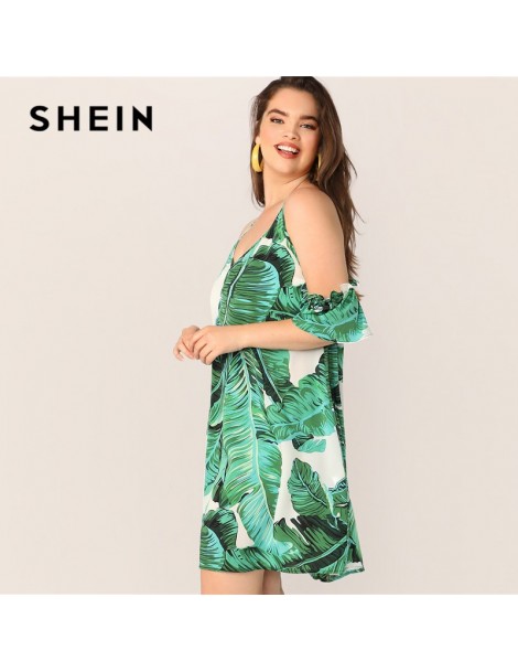 Dresses Plus Size Green Tropical Print Cold Shoulder Tunic Summer Dress Women Boho Beach Vacation V Neck Straight Loose Midi ...