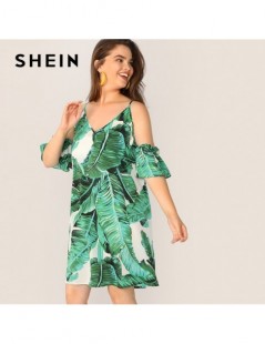 Dresses Plus Size Green Tropical Print Cold Shoulder Tunic Summer Dress Women Boho Beach Vacation V Neck Straight Loose Midi ...