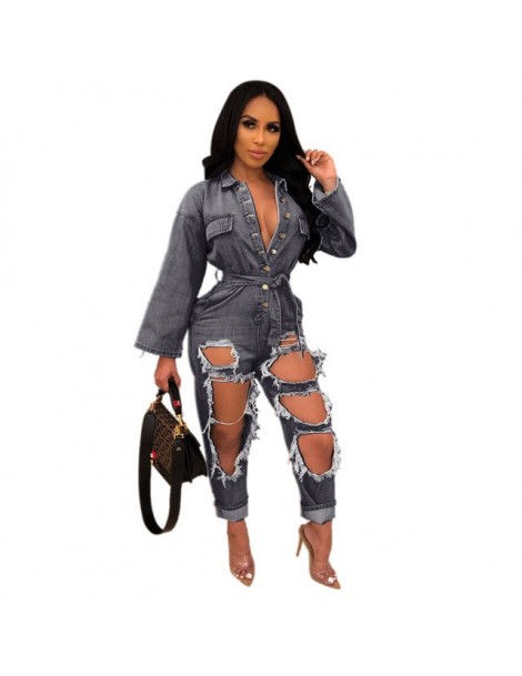 Denim Office Lady Plus Size Jumpsuits Romper Fashion Solid Overalls for Women One Piece Outerwear - Gray - 4O4173480965-3