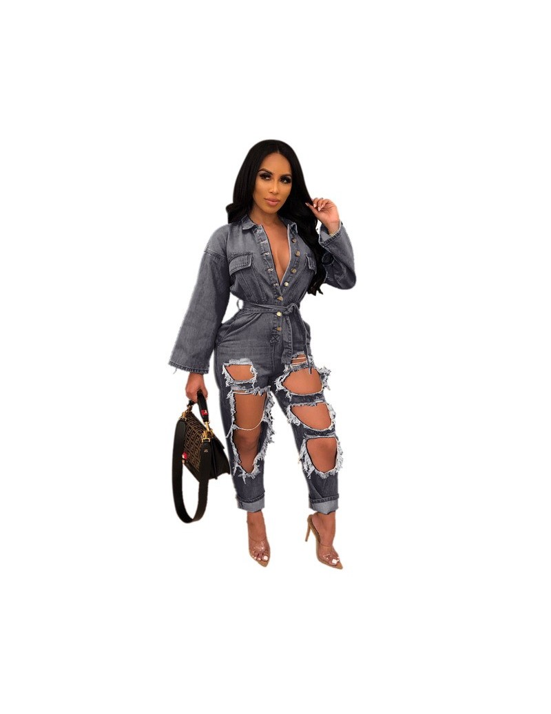 Denim Office Lady Plus Size Jumpsuits Romper Fashion Solid Overalls for Women One Piece Outerwear - Gray - 4O4173480965-3