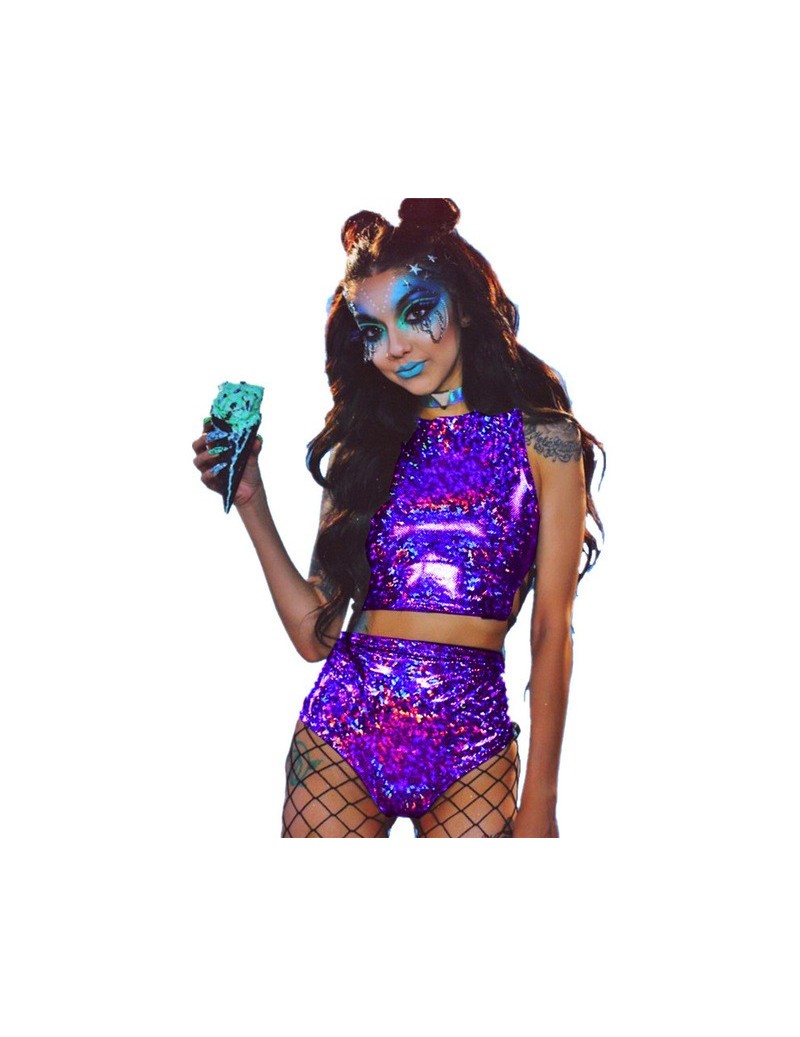 Women Colorful Holographic Bodycon 2 Piece Playsuits Festival Sexy Rave Clothes Wear Outfits Nightclub Lace Up Bodysuit Romp...