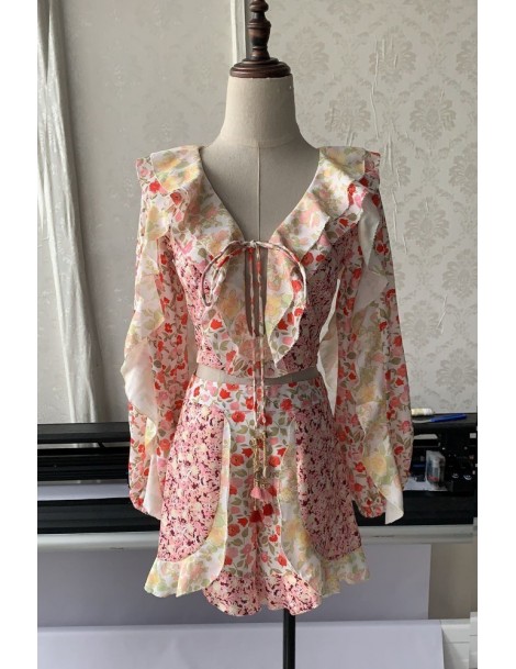 Women's Sets Floral Print Ruffle V Neck Crop Tops Two Piece Shorts Set Lantern Long Sleeve Bohemian 2019 Summer Women Clothes...