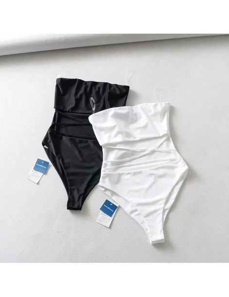 Bodysuits Women Cut Out Cross Strappy Bodysuit with Transparent Straps Detail - black - 463095206939-1 $13.92