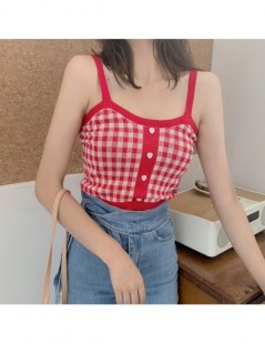 Retro Plaid Small Sling Feminine Depressed Navel Slim Bottoming Cropped Top Vintage Sweet Wind Knit Material with Textured J...