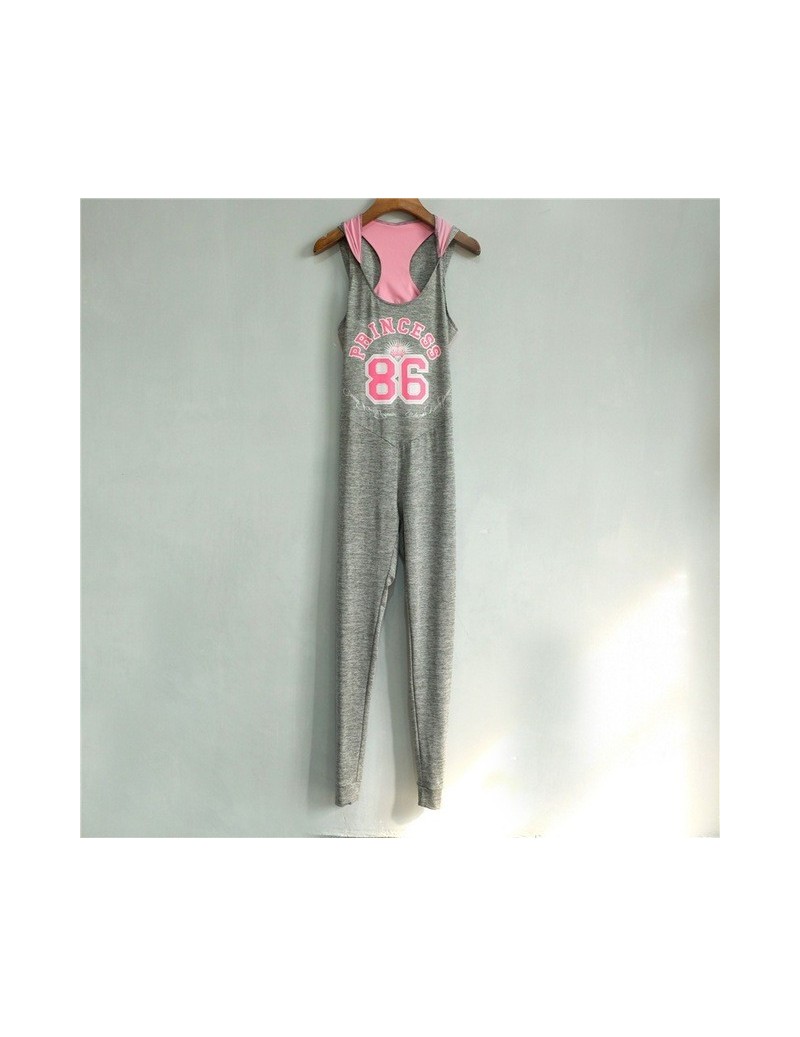 2017 Women Sporting Jumpsuit Hooded Letter Printed Light Gray Back Hollow Bodysuit Top Gymming Clothing for Women - Gray - 4...