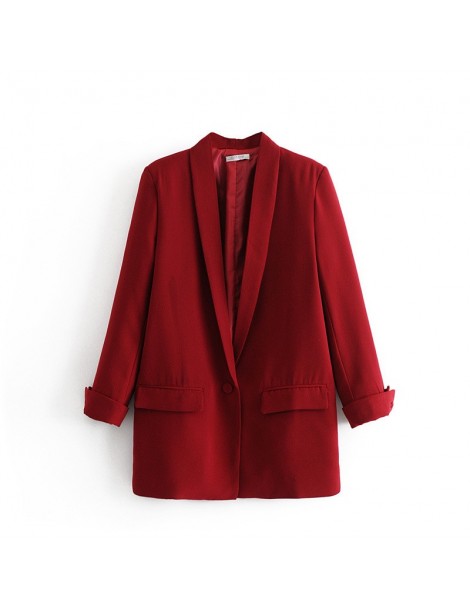 Blazers 2019 Loose Long Blazer Jacket Women Pleated Sleeve Single Button Blazer Coat Office Lady Work Small Suit - Red - 4F30...