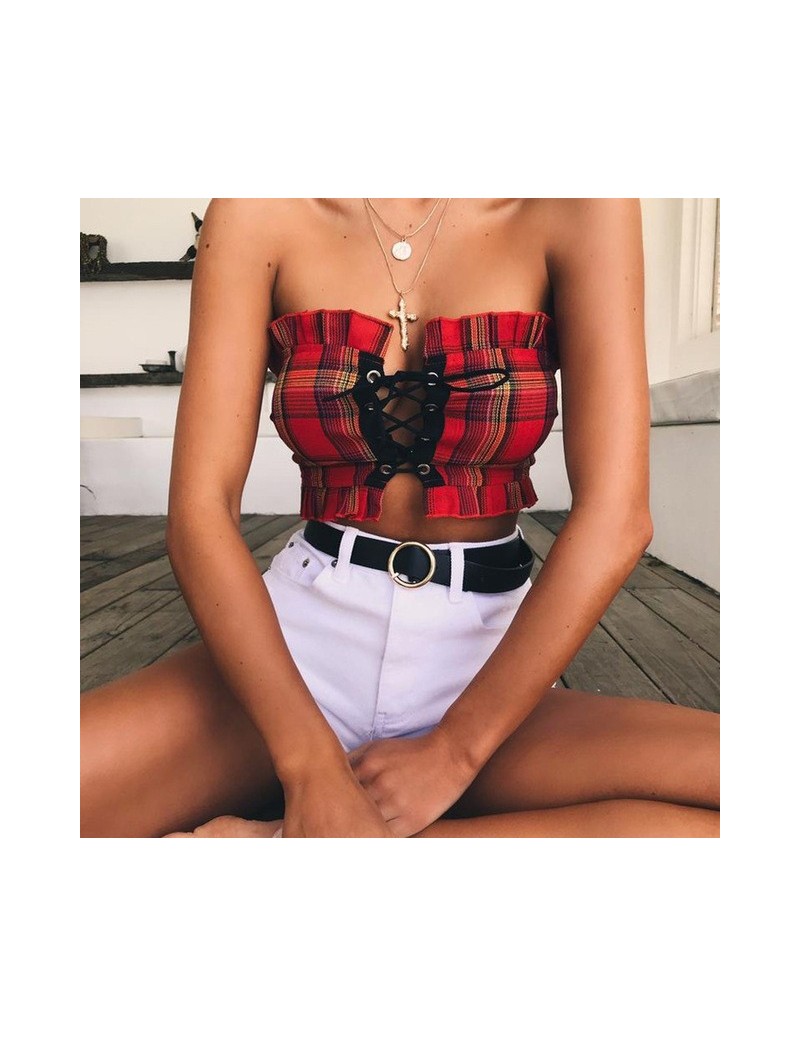Tank Tops Red Yellow Off Shoulder Hollow Out Lace-up Ruffles Plaid Crop Top Sexy Backless Sleeveless Women Summer Cropped Top...