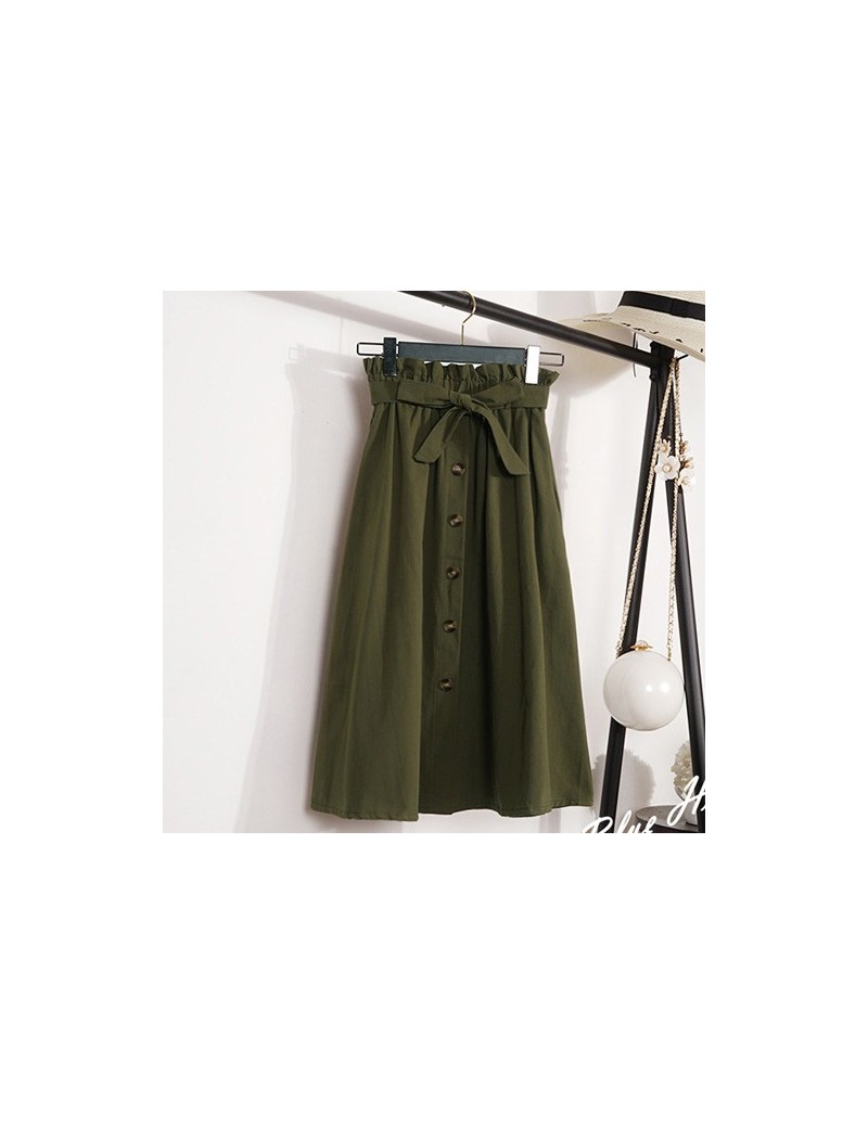 Womens Skirts Midi Knee Length Korean Elegant Button High Waist Skirt Female Pleated School Skirt - Green - 4M4130918838-3